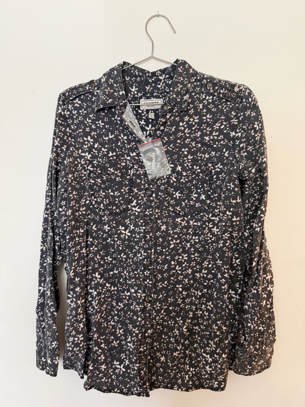Women Express Black Button-Down Shirt with Light Pink Floral Motif
